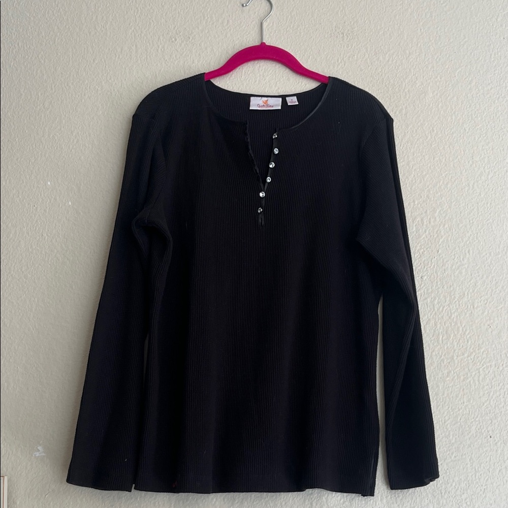 Quacker Factory Long Sleeve 100% Cotton Henley with Bling Buttons, Size Medium